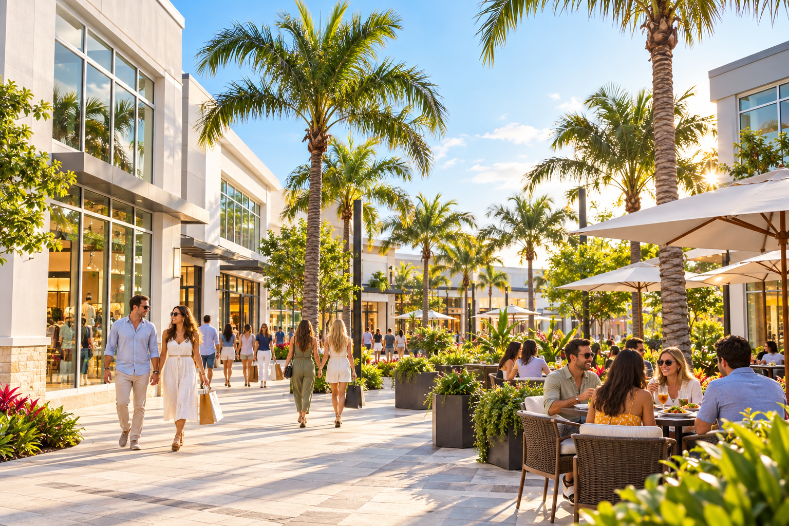 Illustrative area rendering inspired by Dania Pointe’s contemporary outdoor retail architecture